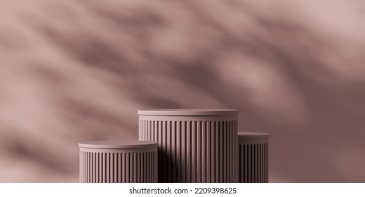 Set Of Brown Podium, Greek Pedestal Design And Abstract Shadow On Background. Mockup For Product Display And Advertising. 3D Rendering