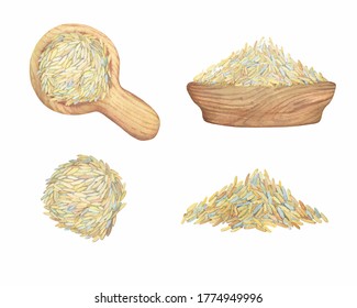 Set With Brown Rice In Wooden Bowl And Spoon. Watercolor Hand Drawn Painting Illustration Isolated On White Background.