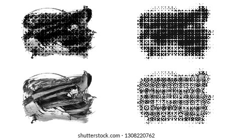 Set of brush stroke and halftone element on a white background.