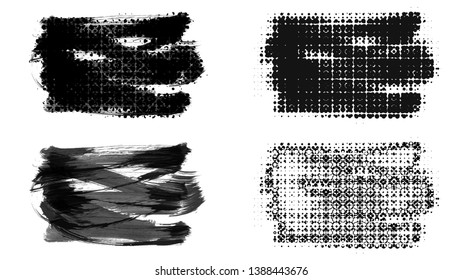 Set of brush stroke and halftone element on a white background.