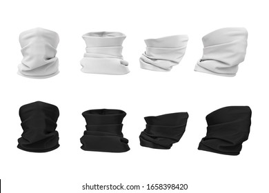 Set of buff on the face. Protective clothing, bandana, scarf, buff, neckscarf in white and black in front, back, side view. 3d illustration of mockup, empty template isolated on a white background.