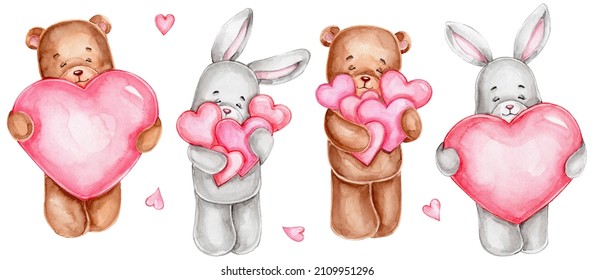 Set with bunnies and teddy bears and  pink hearts; watercolor hand draw illustration; with white isolated background - Powered by Shutterstock