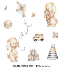 Set with bunnies and toys: car, kite, ball, teddy bear, pyramids, cubes; watercolor hand drawn illustration; with white isolated background