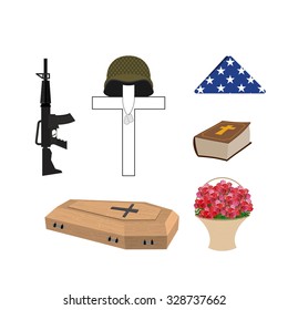 Set For Burial Of The Soldier. Military Funerals. Helmet On Cross.  Bible And Coffin. Machine Gun And American Flag. Accessories Of Death And Bereavement. Illustration Of Memorial Day