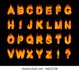 Set of burning Latin alphabet letters. Artistic font. Digital illustration isolated on black background.