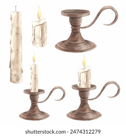 A set of burning wax candles and antique metal candlesticks. Watercolor hand drawn illustration on isolated background in vintage style. The set is suitable for cards, books, invitations, packaging - Powered by Shutterstock