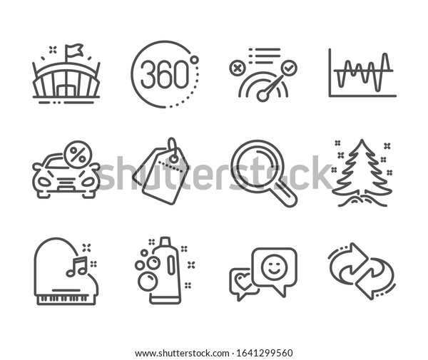 Set of
Business icons, such as 360 degrees, Refresh, Research, Sale tags,
Clean bubbles, Christmas tree, Piano, Smile, Car leasing, Stock
analysis, Arena, Correct answer line
icons.