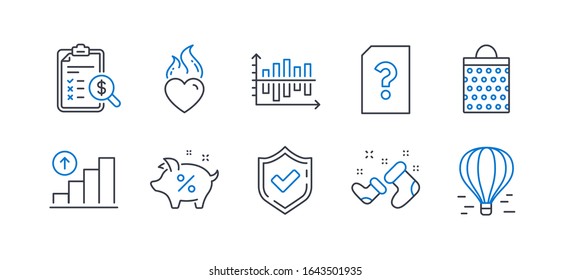Set of Business icons, such as Accounting report, Loan percent, Shopping bag, Santa boots, Heart flame, Confirmed, Graph chart, Unknown file, Diagram chart, Air balloon line icons.