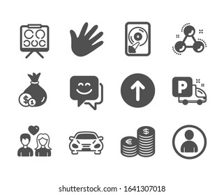 Set Of Business Icons, Such As Avatar, Hand, Car, Hdd, Smile Face, Cash, Swipe Up, Chemistry Molecule, Truck Parking, Couple Love, Vision Board, Currency Classic Icons. User Profile, Swipe.