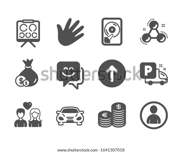 Set of Business icons, such as Avatar, Hand, Car,\
Hdd, Smile face, Cash, Swipe up, Chemistry molecule, Truck parking,\
Couple love, Vision board, Currency classic icons. User profile,\
Swipe.