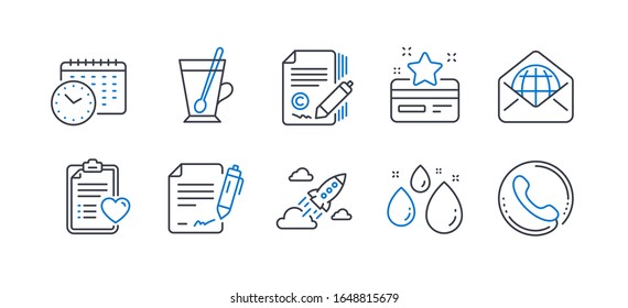 Set Of Business Icons, Such As Calendar Time, Copywriting, Loyalty Card, Startup Rocket, Water Drop, Tea Mug, Web Mail, Signing Document, Patient History, Call Center Line Icons.