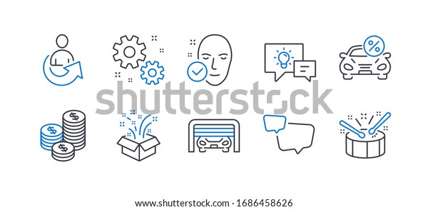 Set of\
Business icons, such as Coins, Work, Speech bubble, Idea lamp,\
Gift, Parking garage, Share, Health skin, Car leasing, Drums line\
icons. Cash money, Settings. Line coins\
icon.