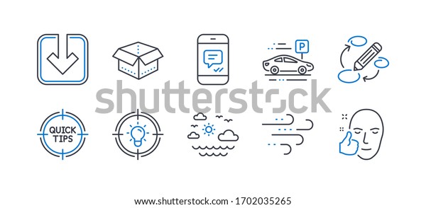 Set of Business\
icons, such as Idea, Load document, Windy weather, Open box, Travel\
sea, Car parking, Keywords, Message, Tips, Healthy face line icons.\
Solution, Download\
arrowhead.