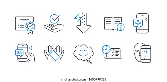 Set of Business icons, such as Medical phone, Certificate, Smile chat, Facts, Energy drops, Approved, Smartphone holding, 24h service, Online test, Face biometrics line icons.