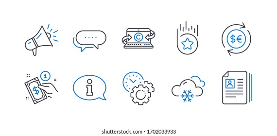 Set Of Business Icons, Such As Payment Method, Information, Snow Weather, Megaphone, Copywriting Notebook, Dots Message, Money Currency, Loyalty Star, Time Management, Cv Documents.