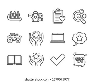 Set Of Business Icons, Such As People Talking, Chemistry Lab, Queue, Ranking, Notebook, Tractor, Patient History, Tick, Employee Hand, Quick Tips, Loyalty Star, Book Line Icons.