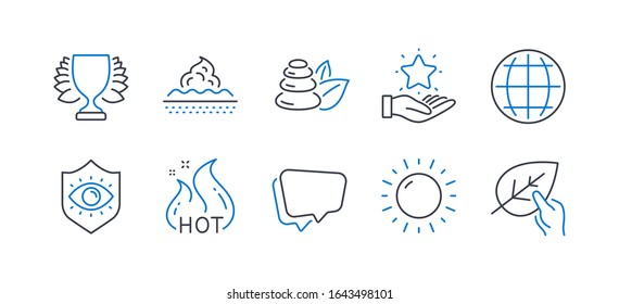 Set of Business icons, such as Spa stones, Hot sale, Loyalty program, Sunny weather, Globe, Skin care, Eye protection, Winner, Speech bubble, Organic tested line icons. Bath, Shopping flame. - Powered by Shutterstock