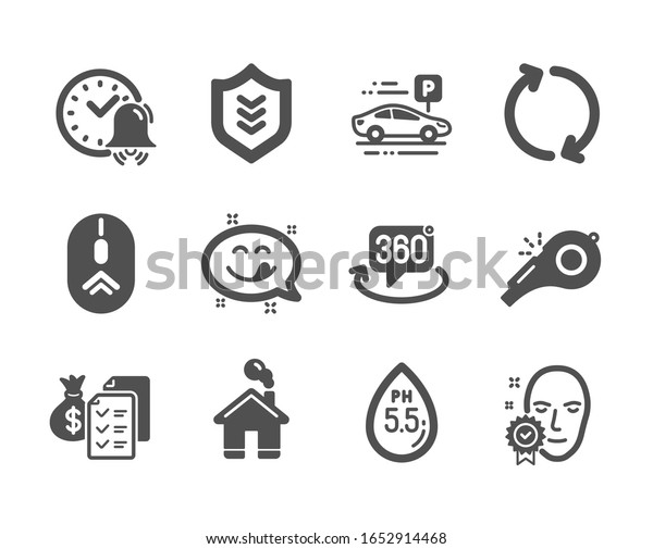 Set of\
Business icons, such as Swipe up, Yummy smile, Refresh, Whistle,\
360 degree, Home, Accounting wealth, Face verified, Ph neutral,\
Alarm bell, Car parking, Shield classic\
icons.