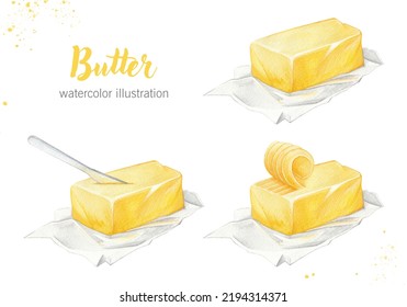 A set of butter. Watercolor hand-drawn illustration highlighted on a white background. Ideal for illustrations in books and magazines, culinary blog, textiles - Powered by Shutterstock