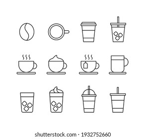 A Set Of Cafe Related Icon Illustrations Such As Coffee, Iced Coffee, Americano, And Takeout.