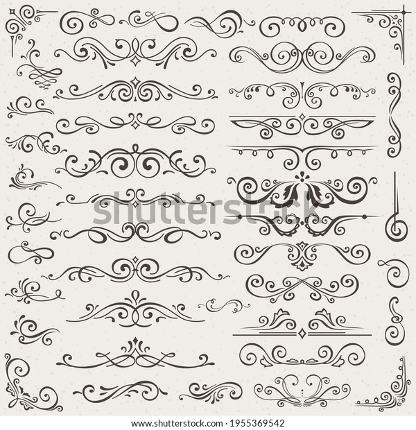 set of calligraphic design elements\
and page decorations. Elegant collection of hand drawn swirls and\
curls for your design. Isolated on beige\
background