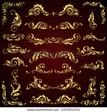  set of calligraphic elements for design and page decoration in gold