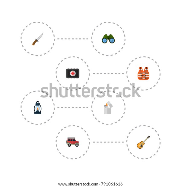 Set of camp icons flat style symbols with\
adventure car, life vest, medicine chest and other icons for your\
web mobile app logo\
design.