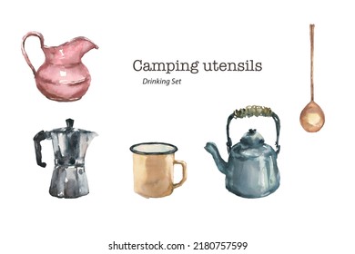 Set Of Camping Utensils - Teapot, Cup, Coffee Maker, Jug, Spoon Watercolor