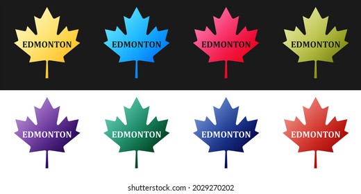 Set Canadian Maple Leaf With City Name Edmonton Icon Isolated On Black And White Background. .