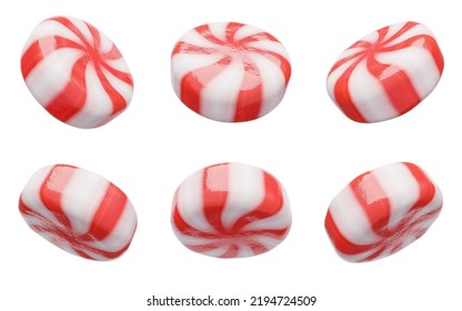 Set of candies isolated on white background. Traditional holiday sweet attribute. Striped and swirl pattern. Realistic 3D-render Ilustrasi Stok