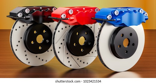 Set of car discs brake and calipers on the wooden table. 3D rendering
