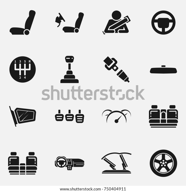 Set of car\
interior details  icon. Includes seats, back seats, dashboard,\
transmission and safety\
belt.