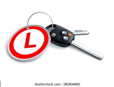 Set of car keys with a Learner driver symbol on the keyring. Concept for learning to drive, driver training, driver education.