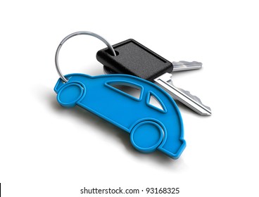 Set of car keys with a little blue car icon key ring isolated on a white background. Concept for owning or buying a new or pre-owned second hand car or car rentals, leasing a car or insuring your car.