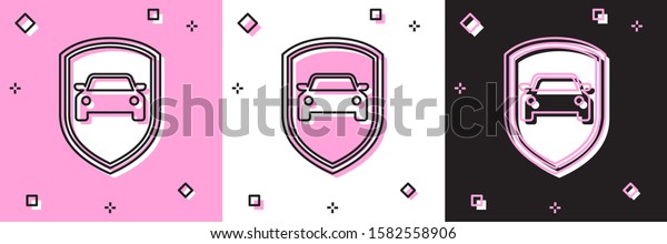 Set Car protection or insurance\
icon isolated on pink and white, black background. Protect car\
guard shield. Safety badge vehicle icon. Security auto label. \
