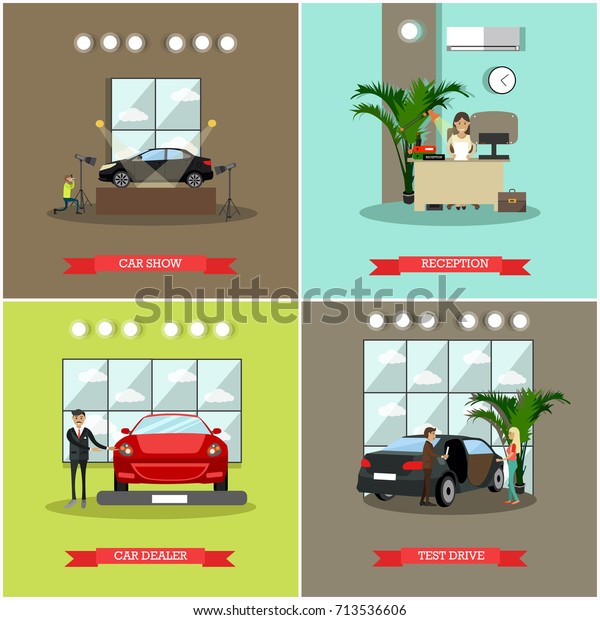 Set of car shop posters. Car\
show, Reception, Car dealer and Test drive flat style design\
elements.