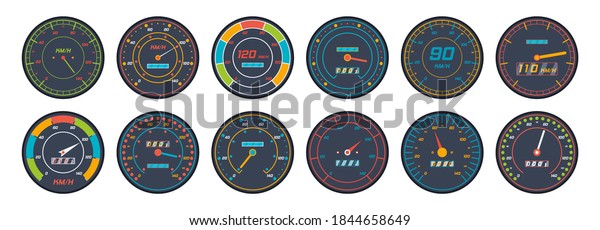 Set of car speedometer level indicator icons isolated on\
white background. Engine speedometer icons set in flat design.\
