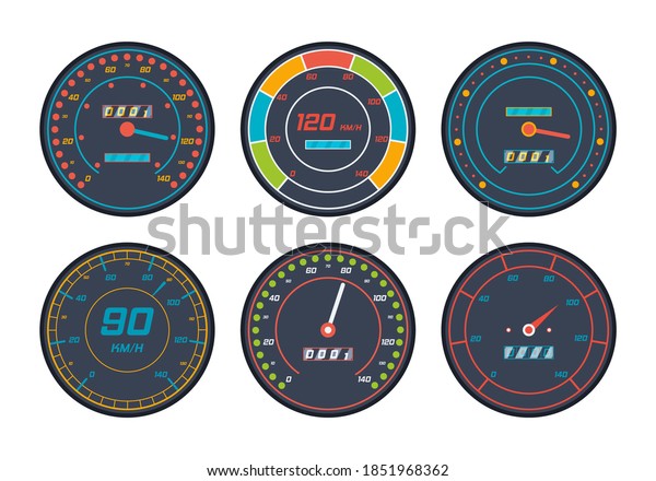 Set of car speedometer level indicator icons isolated on\
white background. Engine speedometer icons set in flat design.\
