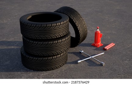 Set of car tires with wrench and hydraulic jack on asphalt. Tire fitting concept. 3D rendering - Powered by Shutterstock