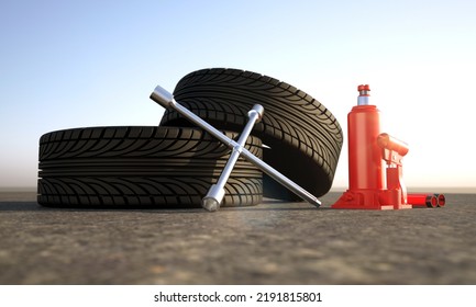 Set of car tires with wrench and hydraulic jack on asphalt. Tire fitting concept. 3D rendering - Powered by Shutterstock