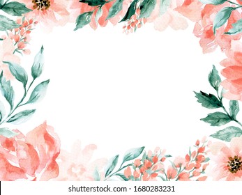 Set Of Card With Flower Rose Peonies Ranunculus Leaves Wedding Blush Pink Green Teal And Gold Concept Floral Poster, Invite Hand Paint Decorative Greeting Card Or Invitation Design Background