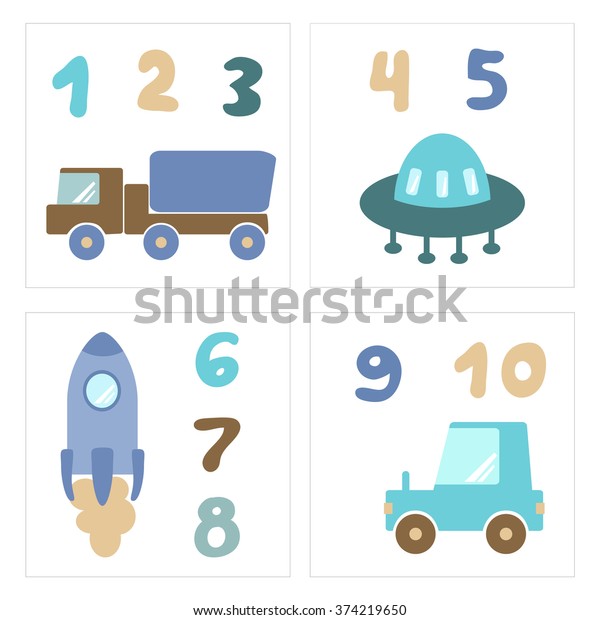 Set of cards with different type of\
transport and hand drawn rounded alphabet letters. Baby boy nursery\
wall art prints in blue and brown\
colors