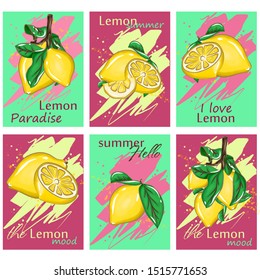 A Set Of Cards With Lemons And Lettering On A Mint And Pink Background. Stickers In Card, Liner In Album, Put An In Gift.