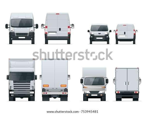 Set of cargo trucks front and rear\
view. Delivery Vehicles isolated. Cargo Truck and\
Van