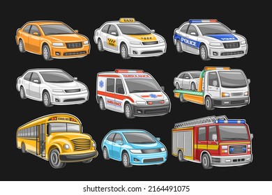 Set Of Cars, 9 Illustration Of Cut Out City Vehicles On Black Background, White Taxicab, Police Car, Ambulance Van With Red Lights, Municipal Tow Truck, School Bus And Fire Engine With Ladder