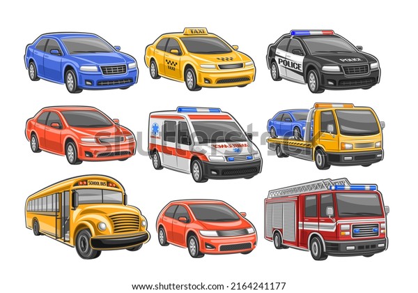Set of Cars, 9 illustration of cut out city\
vehicles on white background, taxi cab, police car, ambulance van\
with blue lights, municipal tow truck, school bus and red fire\
engine with ladder