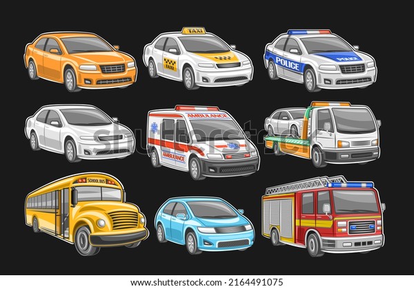 Set of Cars, 9 illustration of cut out city\
vehicles on black background, white taxicab, police car, ambulance\
van with red lights, municipal tow truck, school bus and fire\
engine with ladder