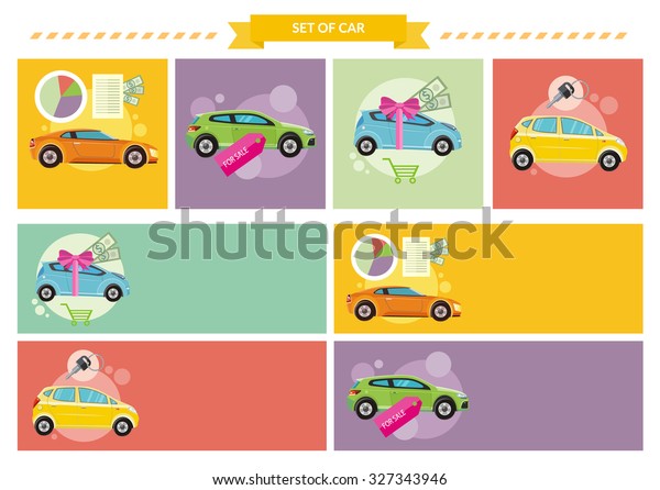 Set of cars concepts. Car loan approved document
with dollars money. Buying car concept. Gift car and red ribbon
with dollars money. Car sale. Rent a car concept in flat design.
Raster version