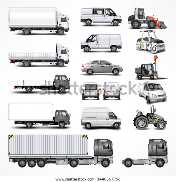 Set of cars, vans, bus and transport on\
white illustration
