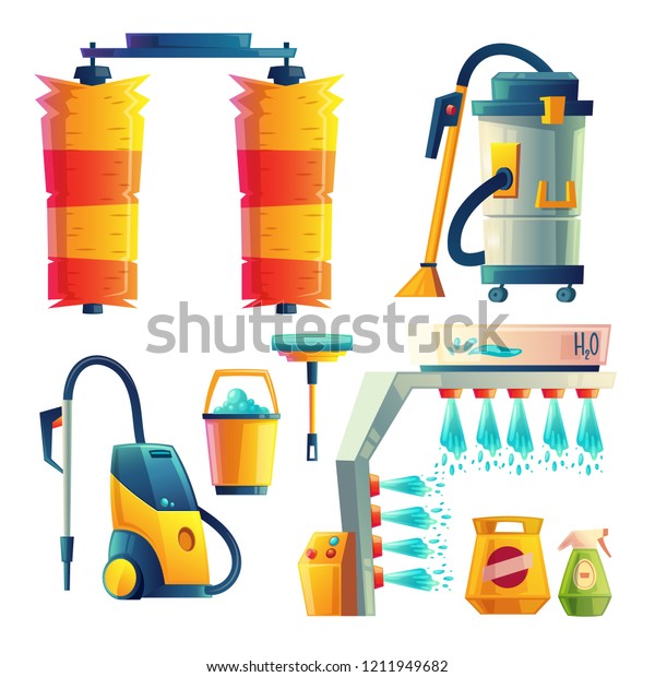  set of cartoon\
bright car washing elements. Automobile service for cleaning\
transport by liquid detergent, automatic washers, brushes.\
Collection isolated on white\
background.